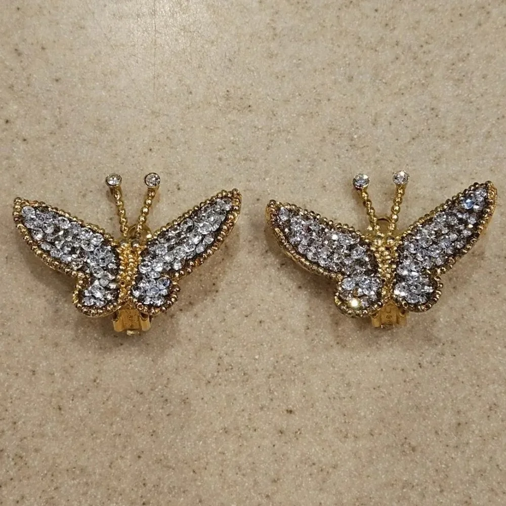 RARE HAUTE COUTURE DESIGNER SIMAN TU BUTTERFLY CRYSTAL GOLD STATEMENT EARRINGS